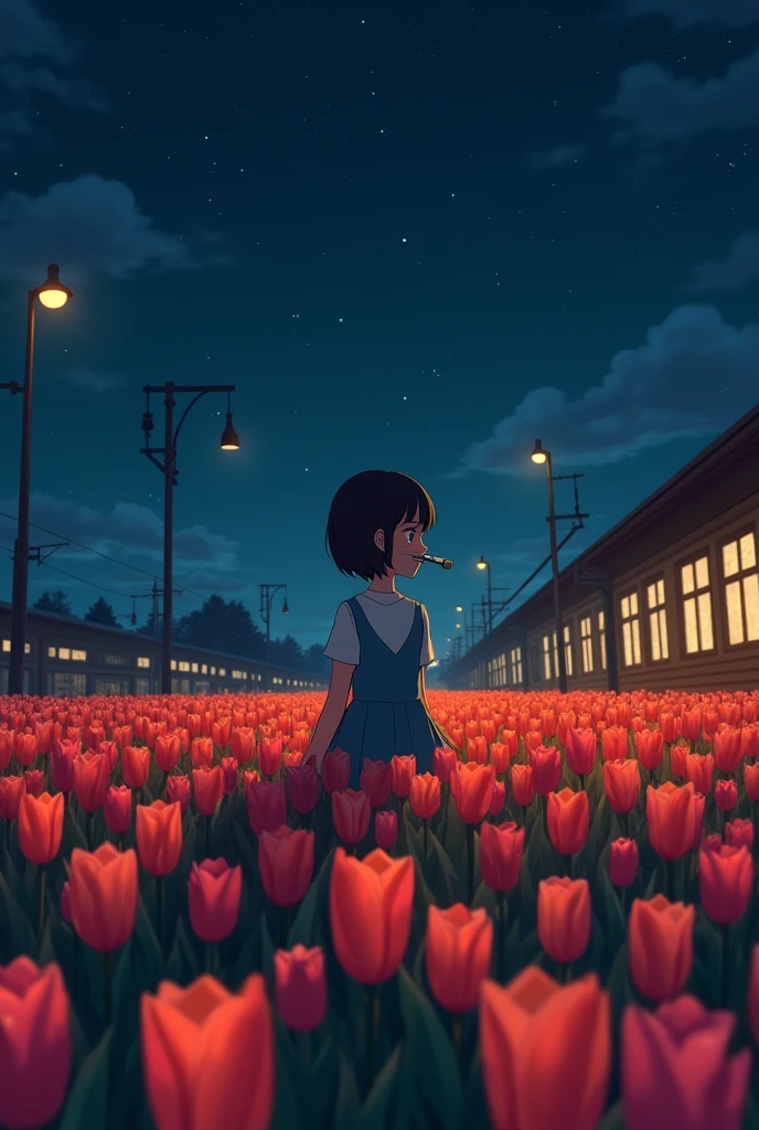 A field of tulips at a train station with a very starry night sky, you can see a 16-year-old girl with short hair and oxygen in her nose as she only breathes like that, She is sitting in the distance looking sadly at her parents. 