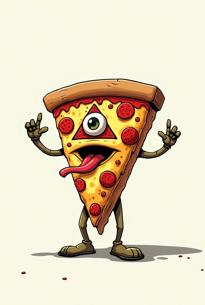 **Slice of CARTOON STYLE animated pizza with a very serene appearance, WITHOUT A MOUTH OR SMILE, just one eye in the center of a pyramid-shaped triangle with the main vertex pointing up, sticking out a long tongue in a rough rock or biker style, with melted cheese. The triangular slice resembles the Illuminati symbol, and in one hand, it is clearly making the "rock horns" or "maloik" gesture.** It looks like a cartoon with a pin-up style, with amazing 4k quality colors, a white background, and well-cast shadows where they need to be. Let it be a standing pepperoni pizza, with melted cheese.