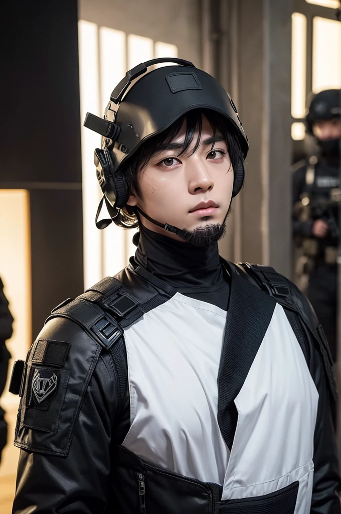 a man cosplaying the character "ghost" from a call of duty video game, god aura, muscular man, shirtless, wears tactical gear, black hair, handsome man, face with ghost mask, realistic man, high definition, black background with golden aura, Taking a selfie, close up images, kim taehyung bts, asian man, black tactical gear 