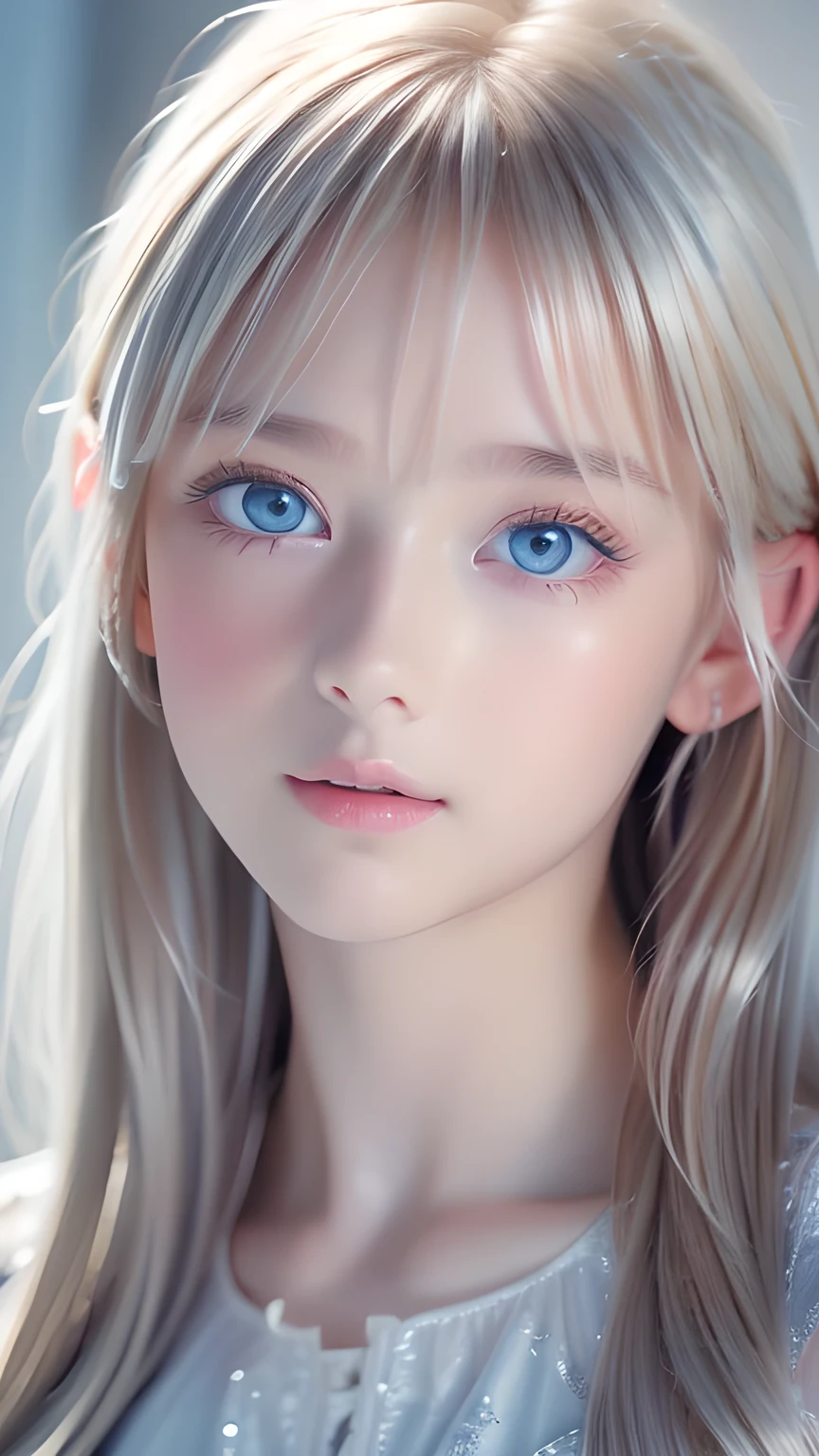 highest quality、8K Masterpiece、Ultra-high resolution、(Realistic:1.3)、RAW Photos、 girl of Scandinavian descent with shiny blonde hair、Silvery blonde hair、Super long straight hair、Bangs between the eyes、bangs over eyes、片bangs over eyes、Bangs between the eyes、White and lustrous skin、1. Cyberpunk Super Beautiful Soldier、((Ultra-Realistic Details))、Portraiture、Global Illumination、Shadow Realm、Octane Rendering、8K、Super sharp、Metal、Cold colors、、Very intricate details、Realistic Light、CG Association Trends、Very beautiful, large light blue eyes、Very big eyes、Eyes shining towards the camera、Neon Details、Small Face Beauty、Round face、Cheek highlight