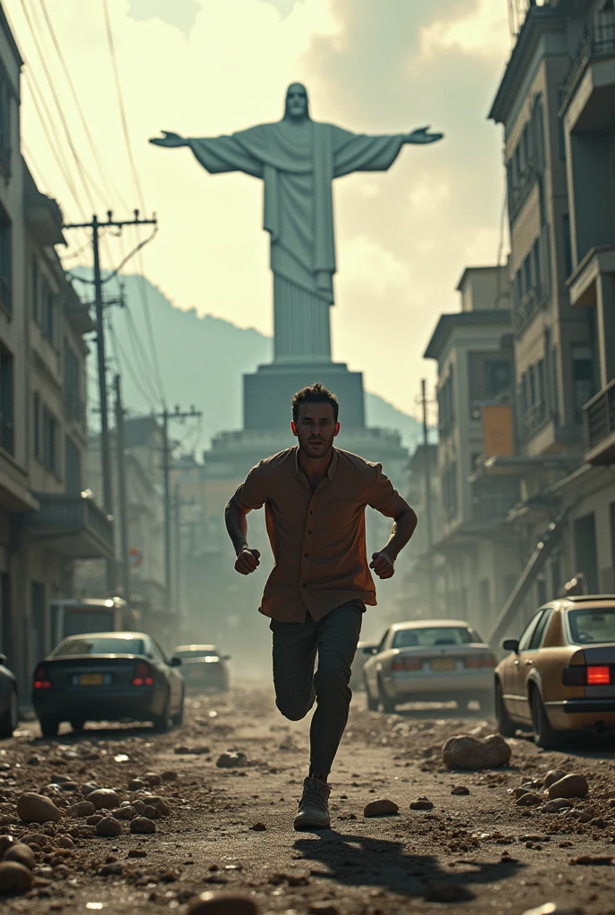 Man running in the middle of widespread chaos in Rio de Janeiro with Christ the Redeemer destroyed in the background