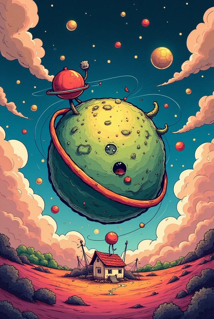 A planet like the drawings from the cuphead game , with a pencil drawing a line around it with colors 