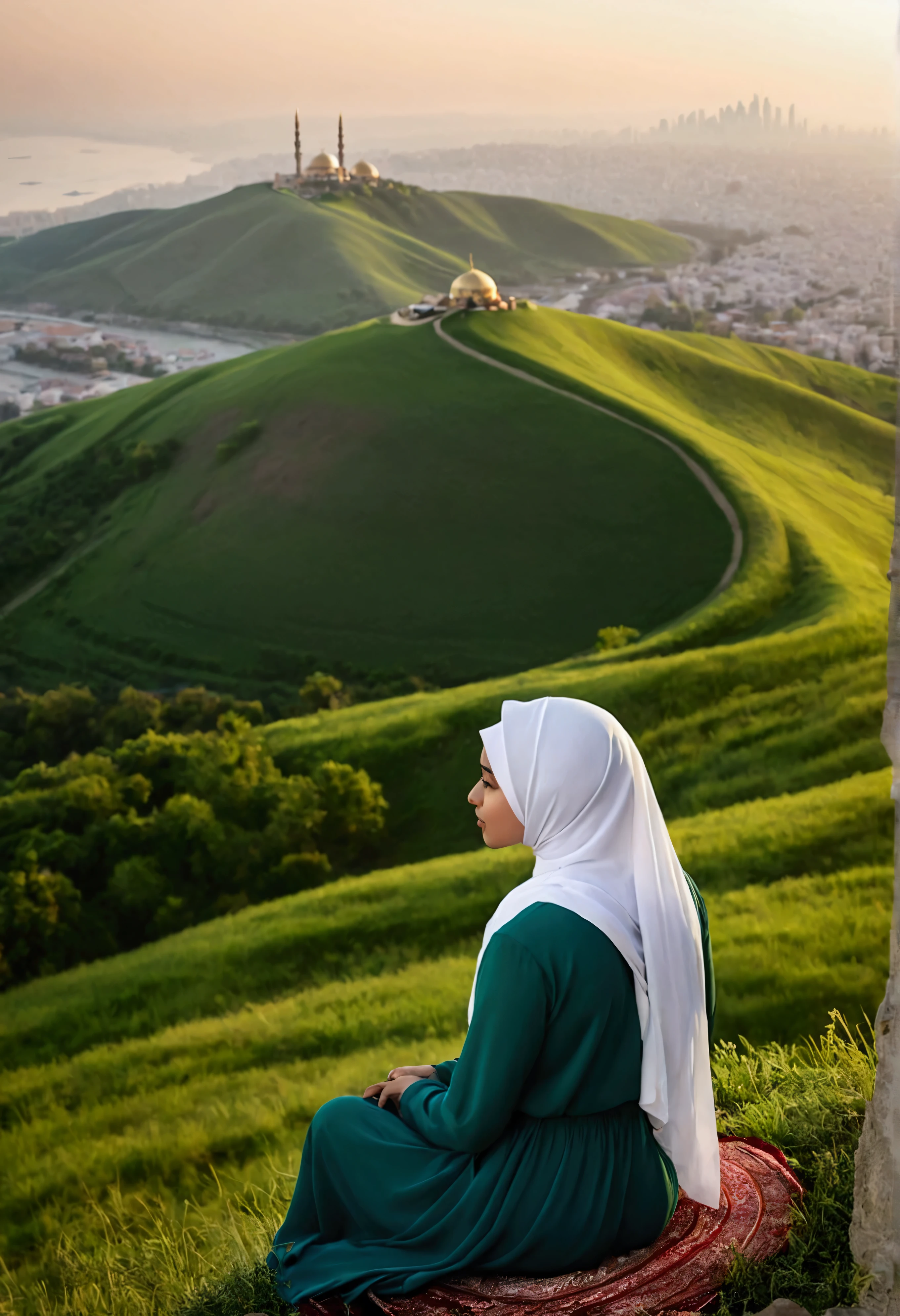 Hijab woman on hill, serene, potrait, view wide