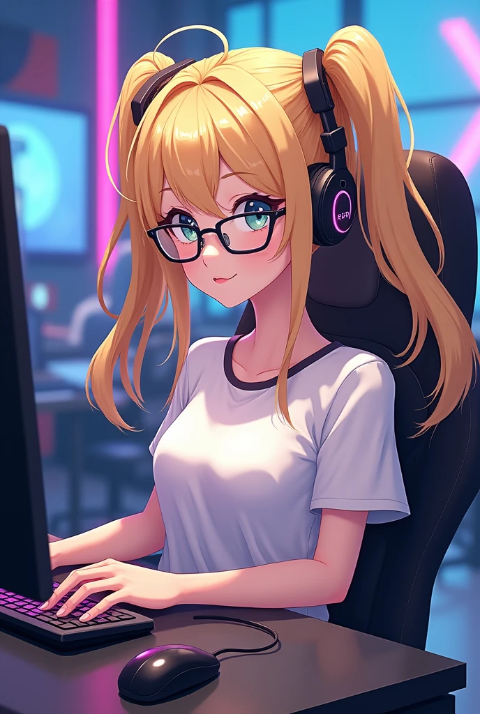 Create me an image of a girl in anime version who is in a studio that is a gamer or streaming. The anime type girl who is light-skinned, wear glasses, have blonde hair in two ponytails and prominent breasts, that she is sitting at a desk looking straight ahead