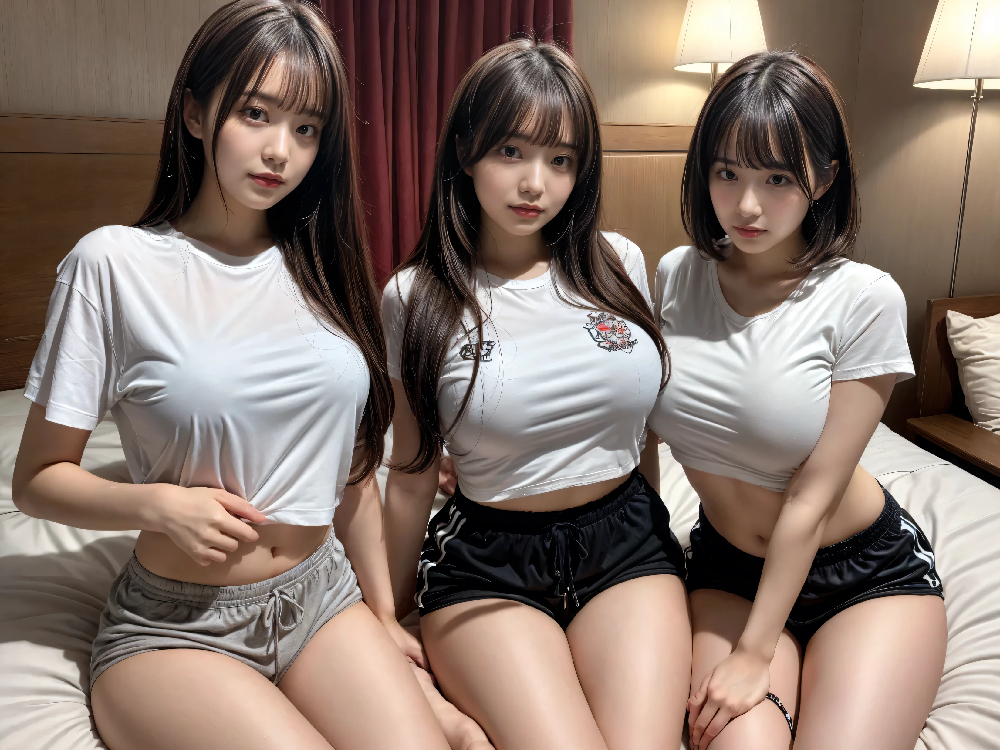 masterpiece, Highest quality, figure, Very detailed, The finer details, High resolution, 8k,wallpaper, Perfect dynamic composition,(Detailed high quality, Realistic depiction of eyes:1.3), (2 girls), Oversized sports shirt, Shorts Women, Sitting, Leg spread, Short Bob Hair, In the background a hotel room, Deep in the field, Large Breasts, Black hair color, Big Natural Color Lip, (Perfect figure), Crying a little、Harajuku Style、20-year-old girl、Cute type、Beautiful feet, Idol Sculpture