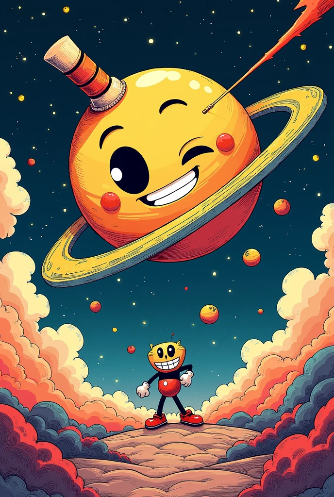 A planet like the drawings from the cuphead game , with a pencil drawing a line around it with colors