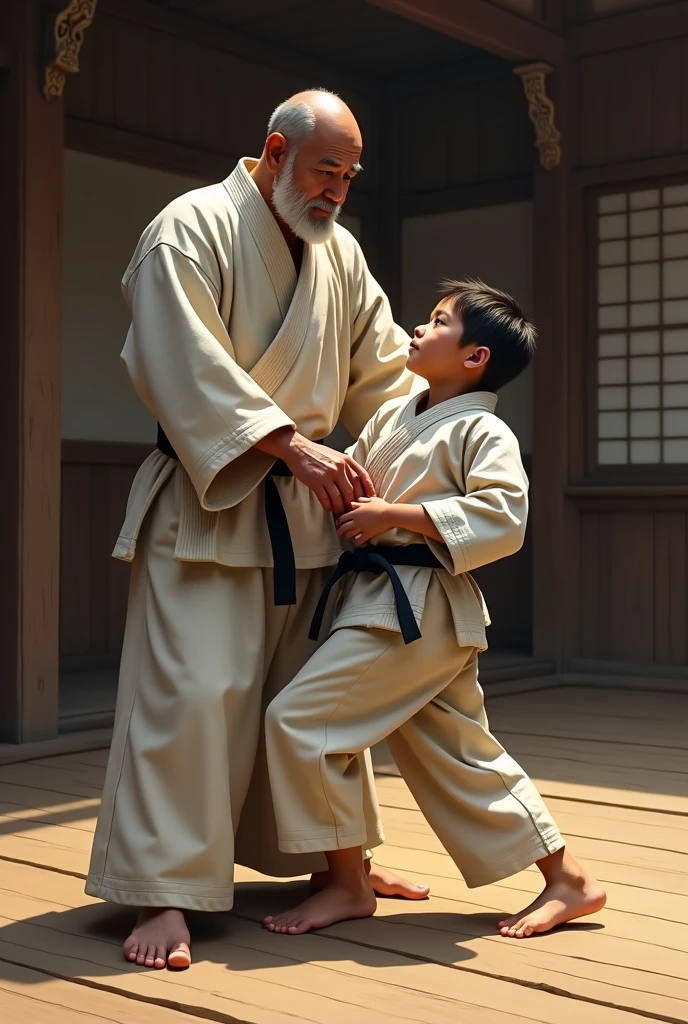 Sensei Jigoro Kano fighting Judo with a Child at KODOKAN in Japan
