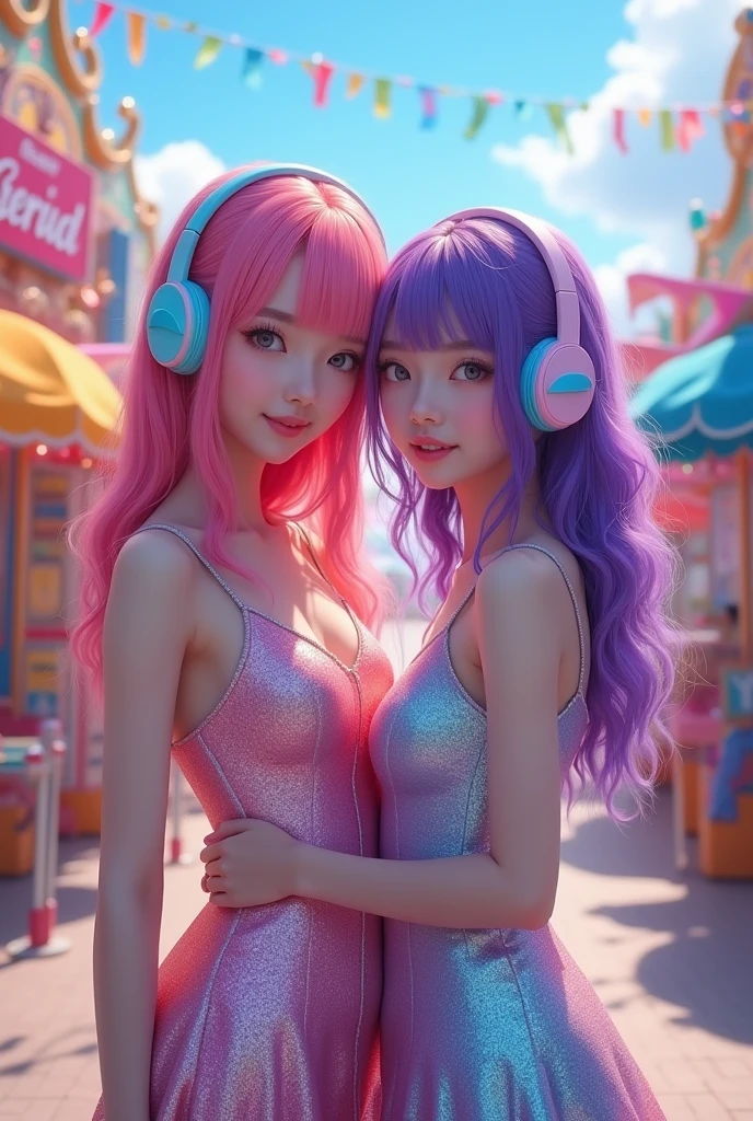 Korean purple hair butterfly woman with headphone and shiny outfit shiny dress and white friend of pink hair man in amusement park friendship