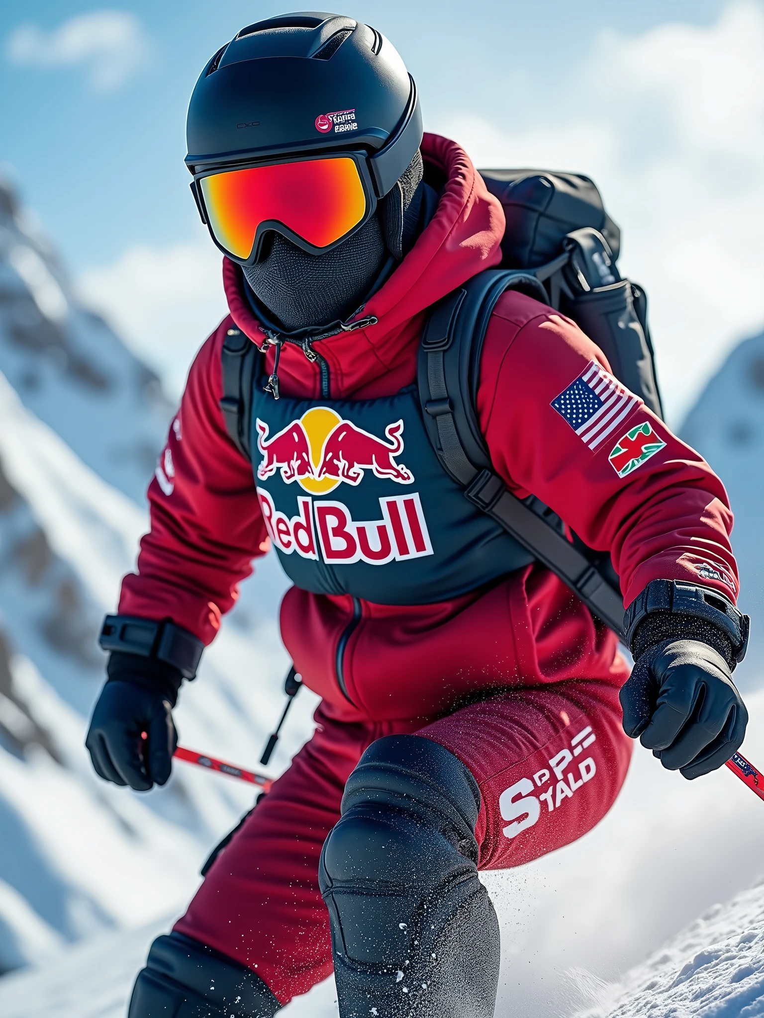 A skier with a helmet, a balaclava over his mouth and his goggles with a Red Bull aerodynamic suit, holding his skis in his right hand
