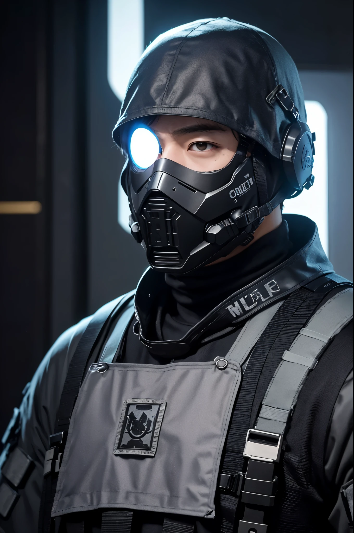 a man cosplaying the character "ghost" from a call of duty video game, god aura, muscular man, shirtless, wears tactical gear, black hair, handsome man, face with ghost mask, realistic man, high definition, black background with golden aura, Taking a selfie, close up images, kim taehyung bts, asian man, black tactical gear 