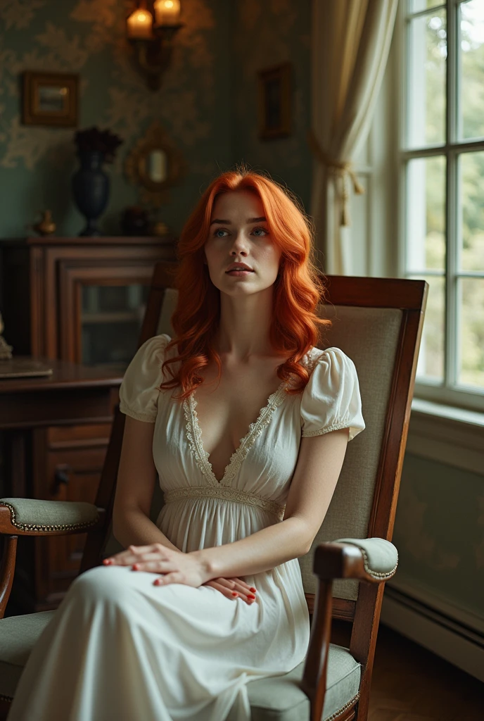 Redhead sitting in rocking chair in living room. distant gaze, seeming to be dreaming about something. Provence. haze. 超detailded. Provence. Foggy . High grain film. retro photography, David Hamilton Style. Analog photography. grainy. nymph.