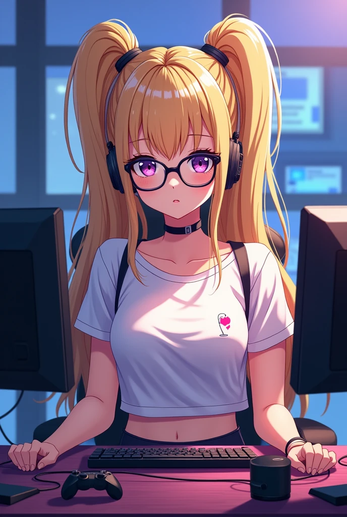 Create me an image of a girl in anime version who is in a studio that is a gamer or streaming. The anime type girl who is light-skinned, wear glasses, have blonde hair in two ponytails and prominent breasts, that she is sitting at a desk looking straight ahead 