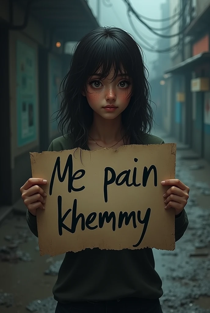 A woman crying and holding a poster that says Me Pain Khemmy