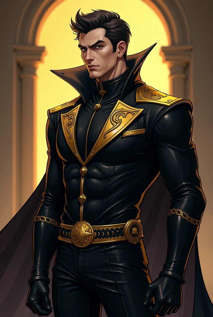 Make me a super villain whose suit is black and gold, that he doesn&#39;t have a mask or a blindfold and that his belt has a pocket to store knives or pocket knives in an anime version that doesn&#39;t have a cape 