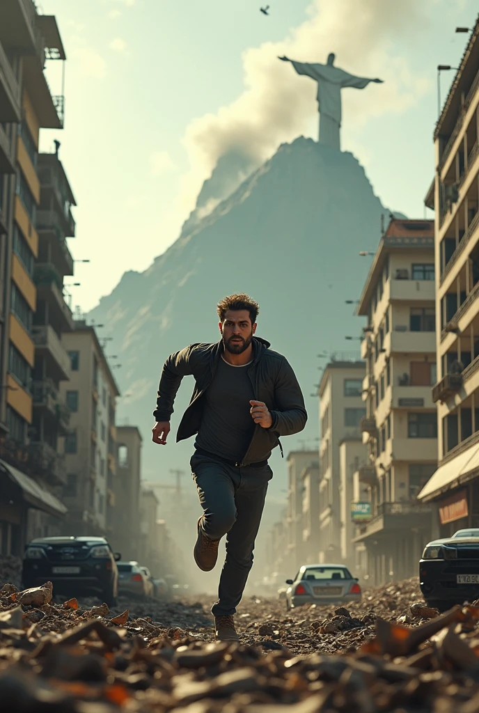 Man running in the middle of widespread chaos in Rio de Janeiro with Christ the Redeemer destroyed in the background