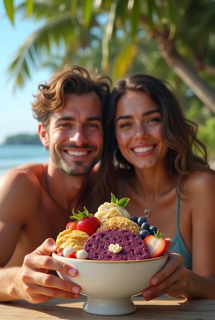 Realistic Man and Girlfriend 25-35 years old, in Maceió Brazil eating acai in a bowl , ultra HD, high qualiy, best qualityer, high resolution, 8k, 16K