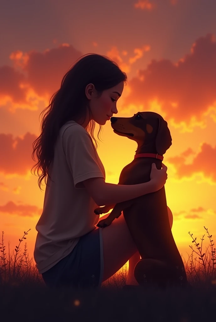 The silhouette of a teenage girl with her dachshund watching the sunset hugging each other