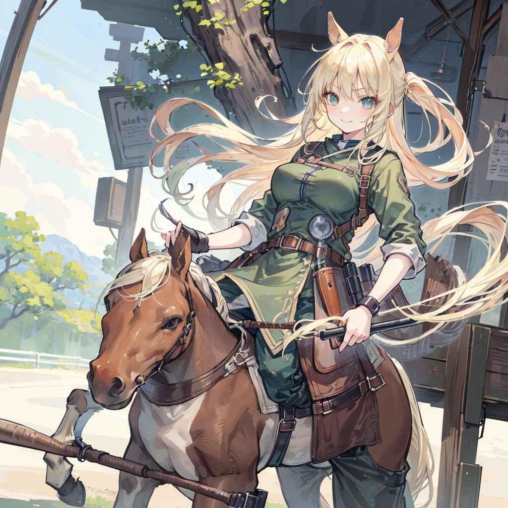 (horse:1.3), Pants, Cowboy shooting, 1 Girl, Blonde Hair, Long hair, Green Eyes, Solitary, Ahog,diaphragm, boots, Smile, Umbilical cord,belt, cleveage, rest, 