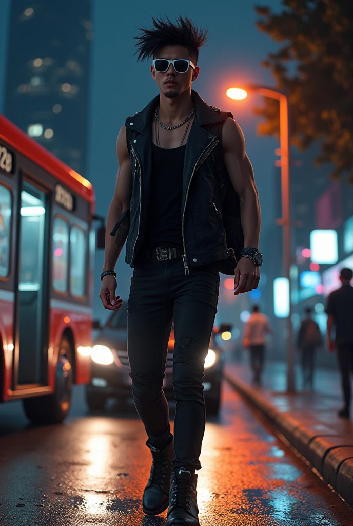 Young man, black hair, white sunglasses,  rock'n roll style black clothes, combat boots, black vest, backpack on his back, walking along a street at night, bus stop behind him, lamppost lighting on top of him, city background at night with bus stop, behind him, full body image