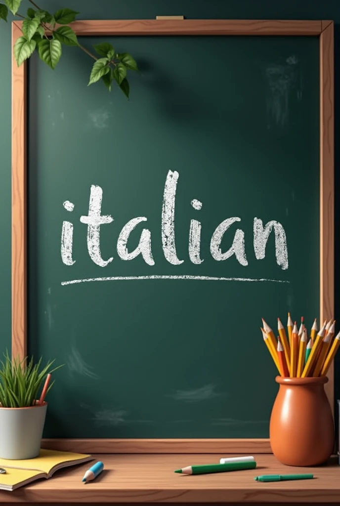 A school blackboard in the center and written on it in white chalk: “Italian”… add school elements around it, like a pencil holder