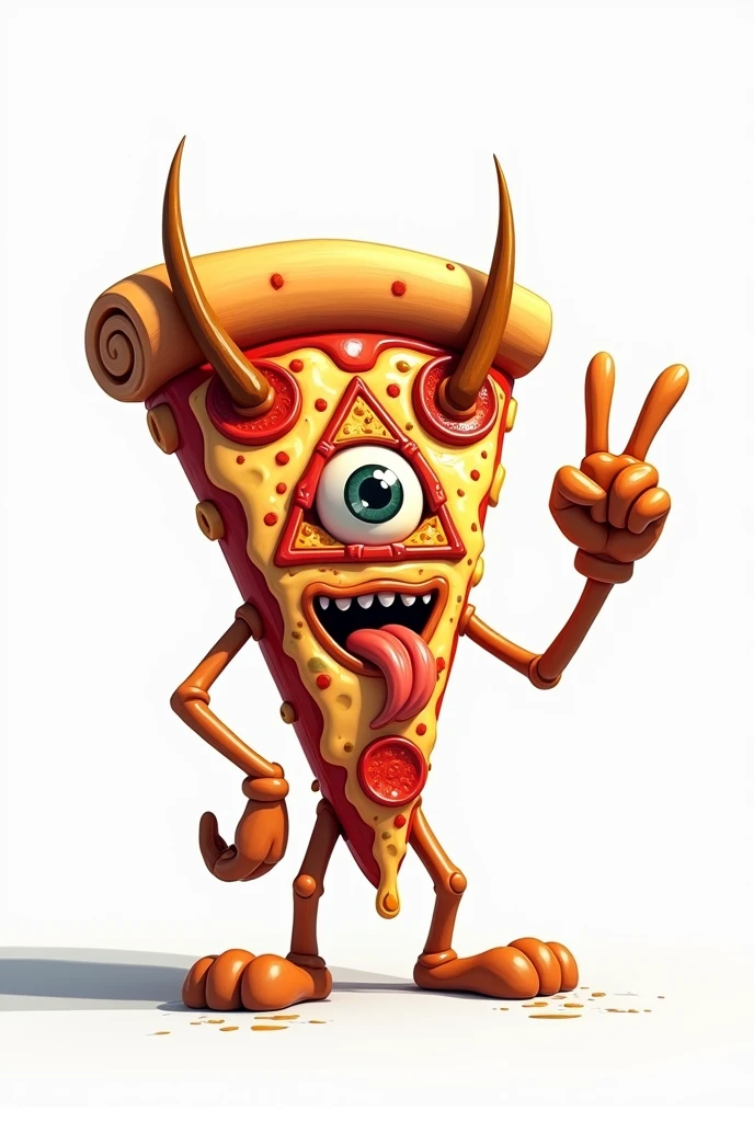 **Slice of CARTOON STYLE animated pizza with a very serene appearance, WITHOUT A MOUTH OR SMILE, just one eye in the center of a pyramid-shaped triangle with the main vertex pointing up, sticking out a long tongue in a rough rock or biker style, with melted cheese. The triangular slice resembles the Illuminati symbol, and in one hand, it is clearly making the "rock horns" or "maloik" gesture.** It looks like a cartoon with a pin-up style, with amazing 4k quality colors, a white background, and well-cast shadows where they need to be. Let it be a standing pepperoni pizza, with melted cheese.