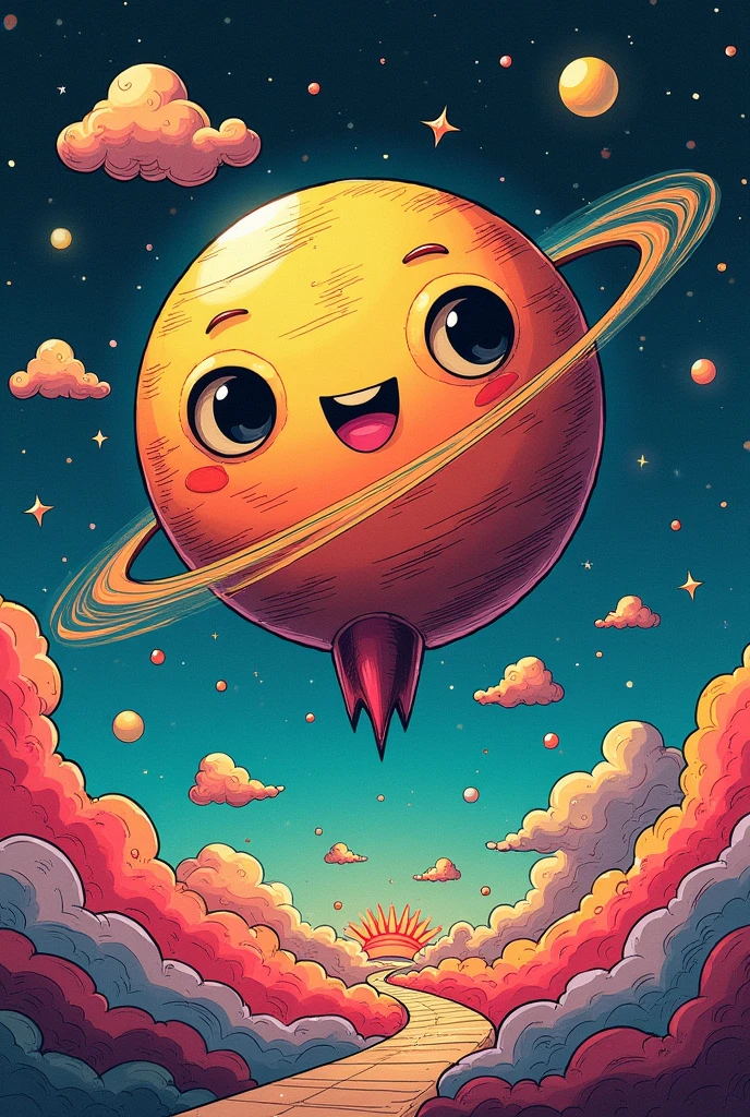A planet like the drawings from the cuphead game , with a pencil drawing a line around it with colors 