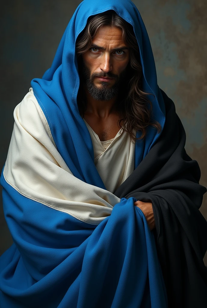 Jesus wrapped in the tricolor flag in blue, white and black