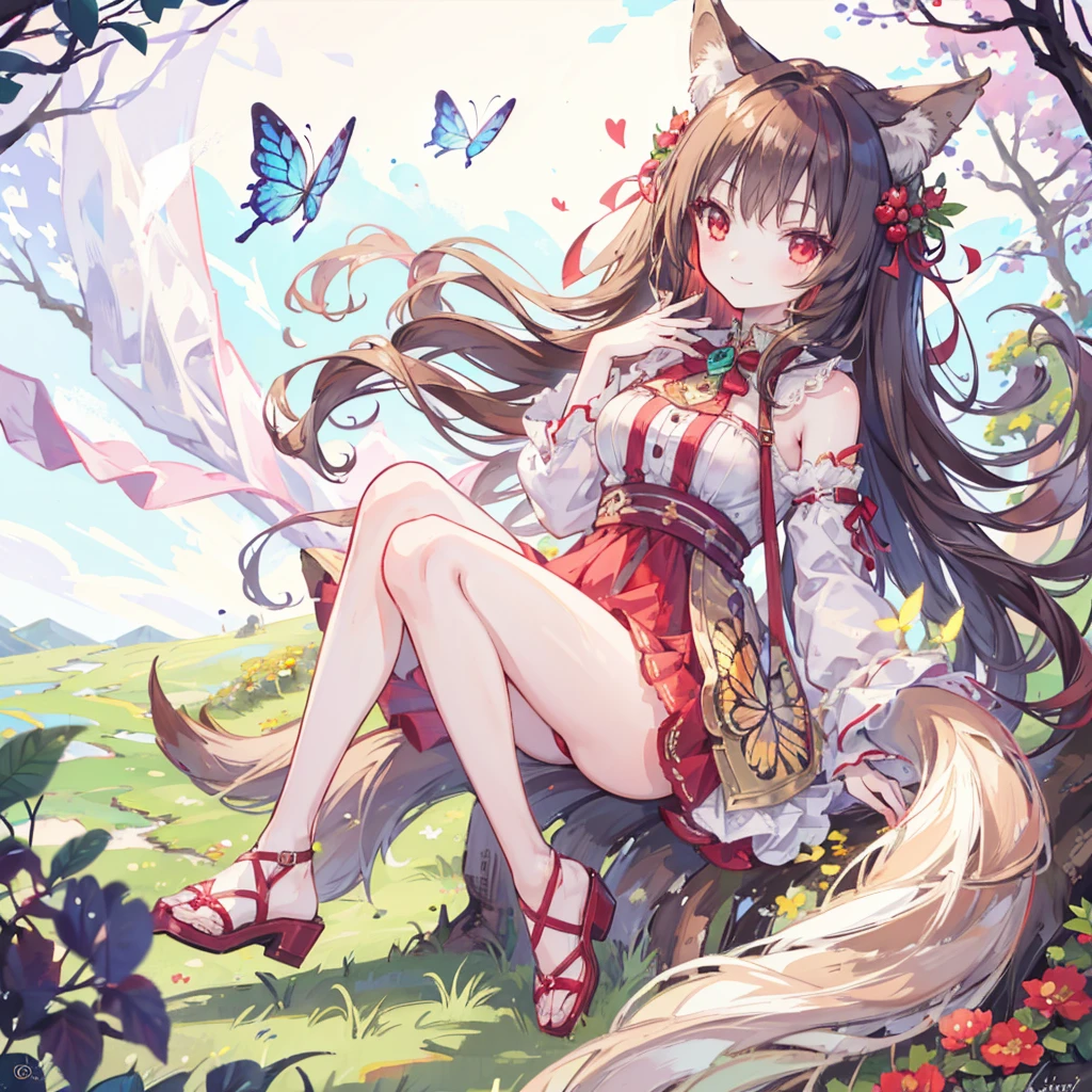 masterpiece,best quality, 1 Girl, Solitary, Smile, Smile, cherry, Sunlight Dappled, Butterfly, Grass Animal Ears,Wolf ears,Long hair, Tail, wolf Tail, Red Eyes, Wolf Girl,Brown hair,,