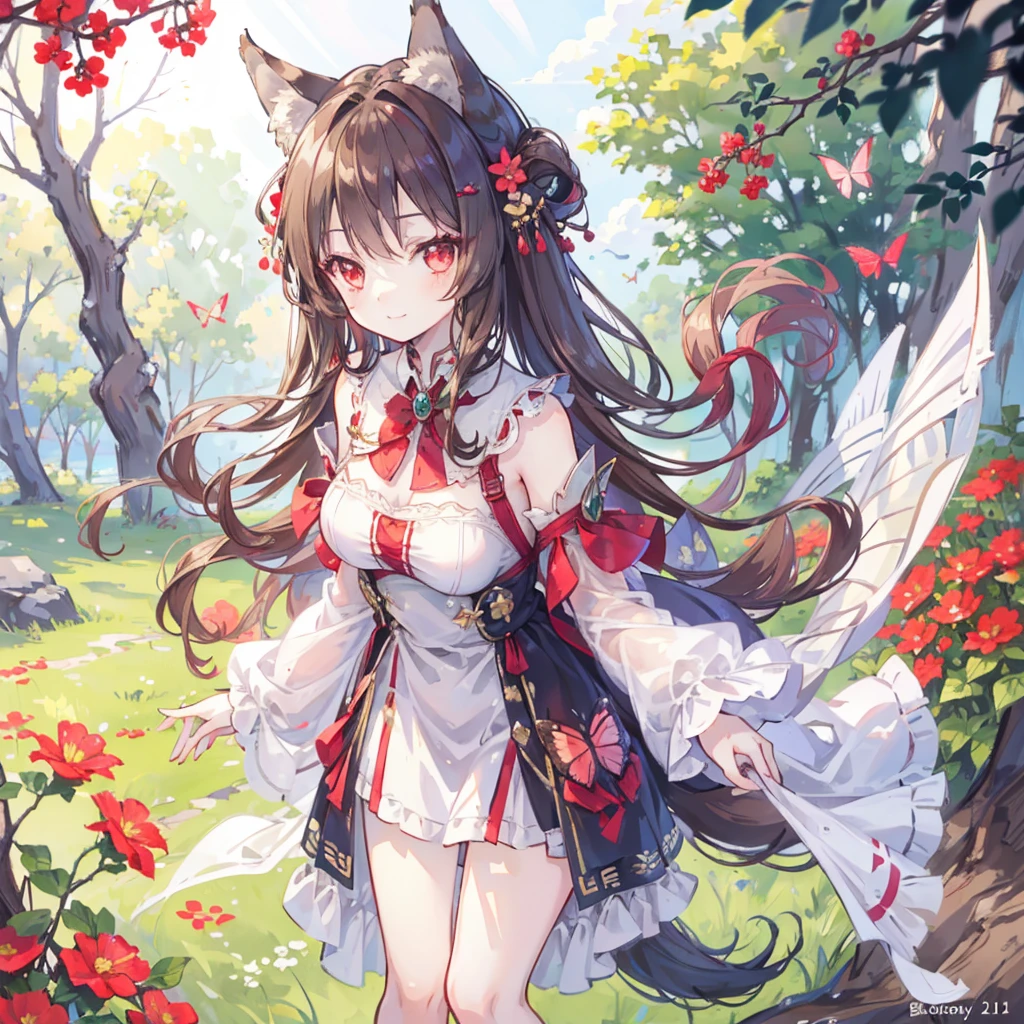 masterpiece,best quality, 1 Girl, Solitary, Smile, Smile, cherry, Sunlight Dappled, Butterfly, Grass Animal Ears,Wolf ears,Long hair, Tail, wolf Tail, Red Eyes, Wolf Girl,Brown hair,,  