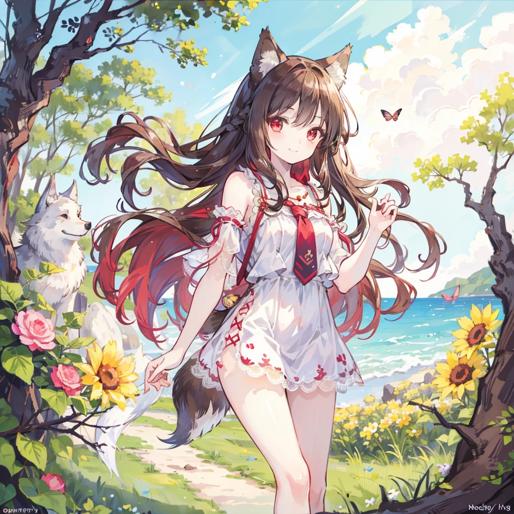 masterpiece,best quality, 1 Girl, Solitary, Smile, Smile, cherry, Sunlight Dappled, Butterfly, Grass Animal Ears,Wolf ears,Long hair, Tail, wolf Tail, Red Eyes, Wolf Girl,Brown hair,,
