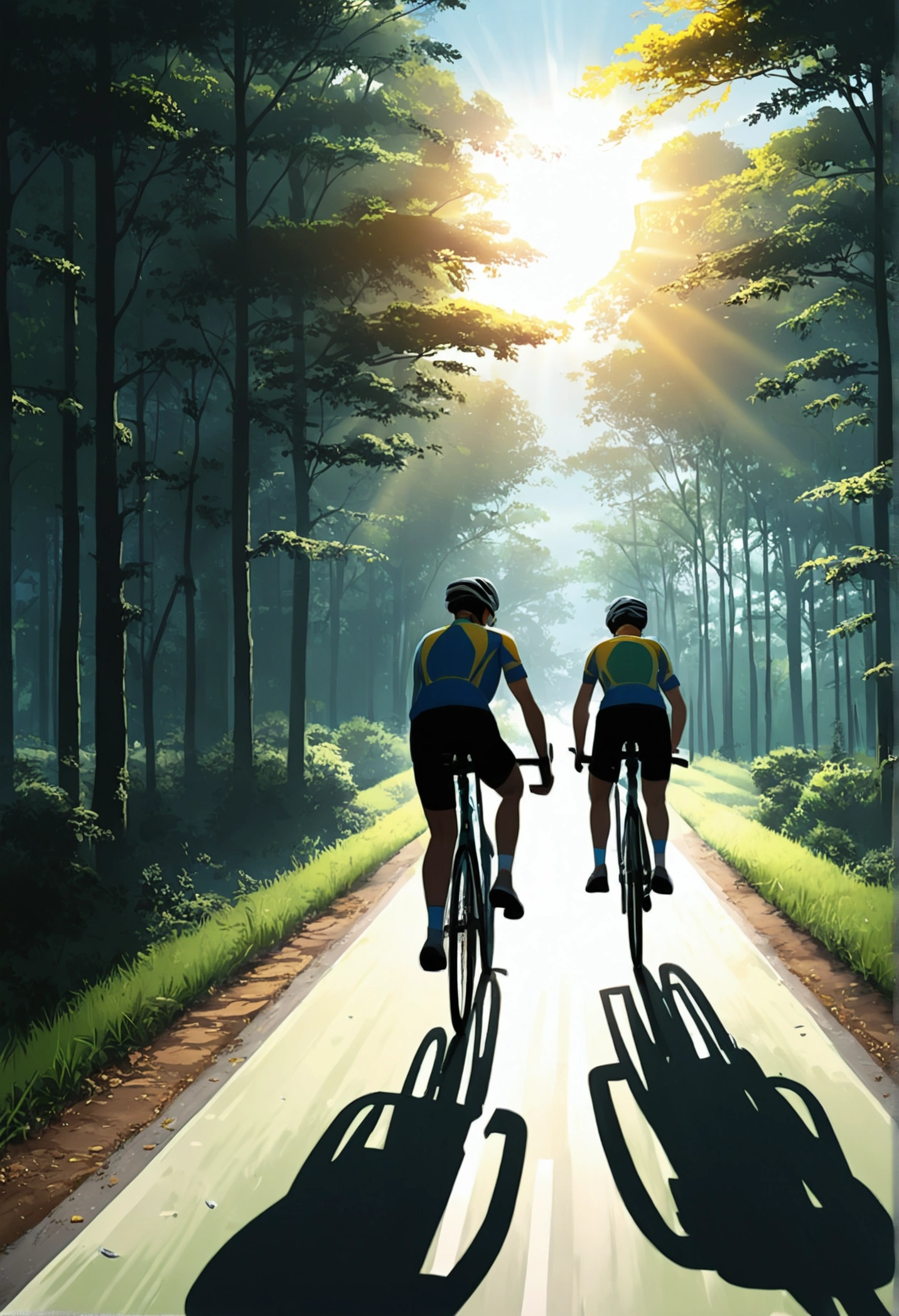(bicycle: 1.5), (realistic bicycle: 1.5), (realistic cyclist: 1.5), Cyclist back in the foreground, lofi landscape, nature, sun, forest, Clear, evil, background landscape, darkness, contrast, Makoto Shinkai (Best Quality:1.3), (alta resunución:1) Studio Ghibli Style Art, vibrant colors, Impressionism