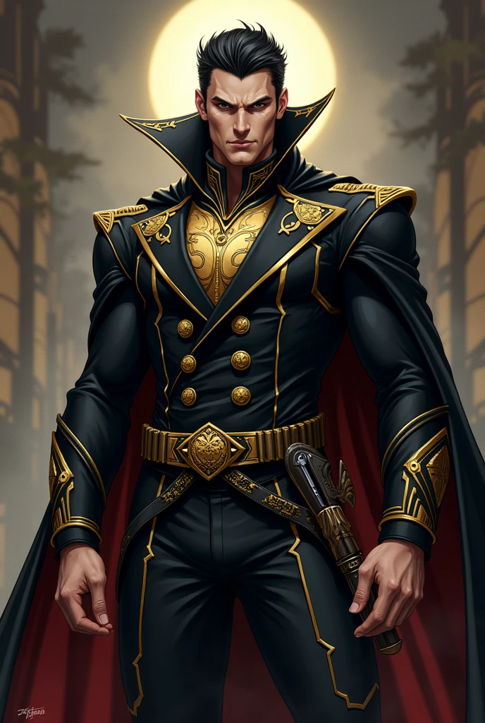 Make me a super villain whose suit is black and gold, that he doesn&#39;t have a mask or a blindfold and that his belt has a pocket to store knives or pocket knives in an anime version that doesn&#39;t have a cape