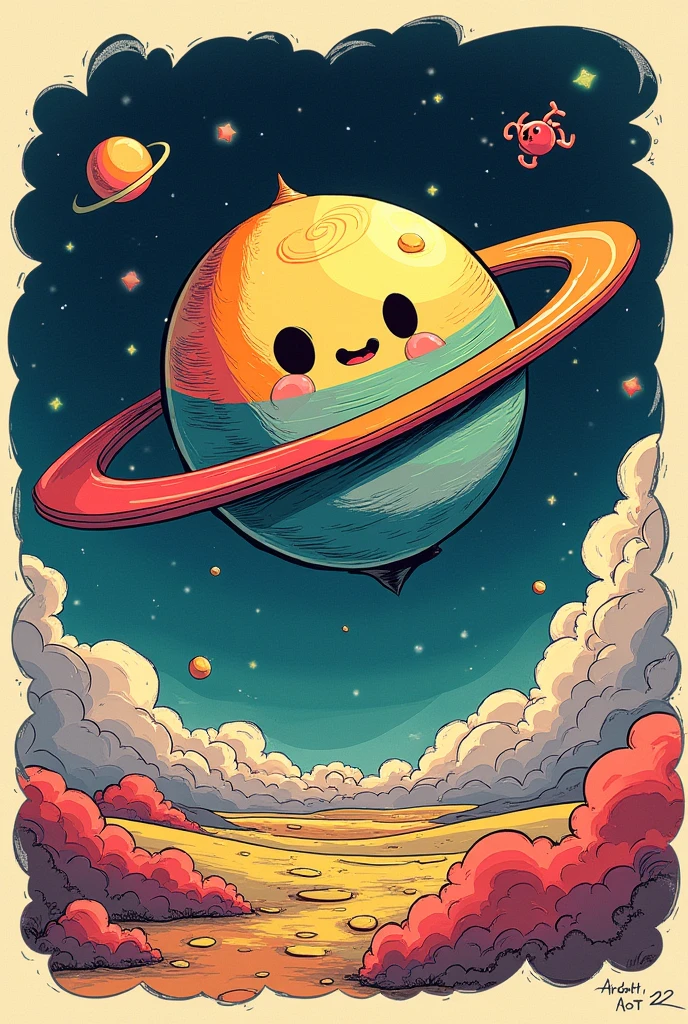 A planet like the drawings from the cuphead game , with a pencil drawing a line around it with colors