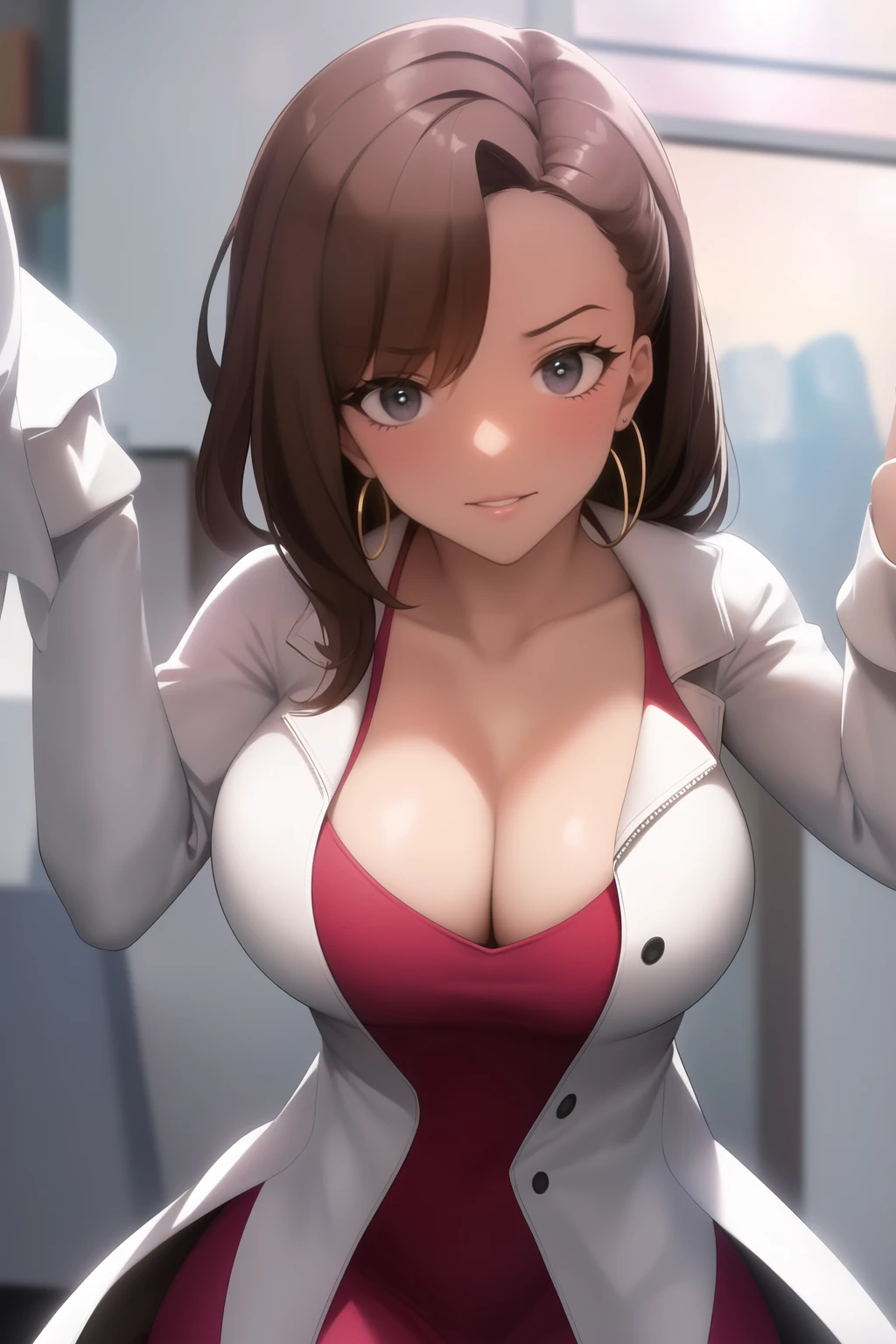 Simple White Background,
(White_jacket),(red_dress),(Deep_), long_sleeves,jewelry,collarbone, earrings,open_clothes,
pink eyes,light_brown hair,eyebrows_visible_through_hair,bangs,
1 girl, 20yo,Young female,Beautiful Finger,Beautiful long legs,Beautiful body,Beautiful Nose,Beautiful character design, perfect eyes, perfect face,expressive eyes,perfect balance,
looking at viewer,(Focus on her face),closed mouth, (innocent_big_eyes:1.0),Light_Smile,
official art,extremely detailed CG unity 8k wallpaper, perfect lighting,Colorful, Bright_Front_face_Lighting,shiny skin,
(masterpiece:1.0),(best_quality:1.0), ultra high res,4K,ultra-detailed,
photography, 8K, HDR, highres, absurdres:1.2, Kodak portra 400, film grain, blurry background, bokeh:1.2, lens flare, (vibrant_color:1.2),professional photograph,
(Beautiful,large_Breasts:beautiful_face:1.5),(narrow_waist),