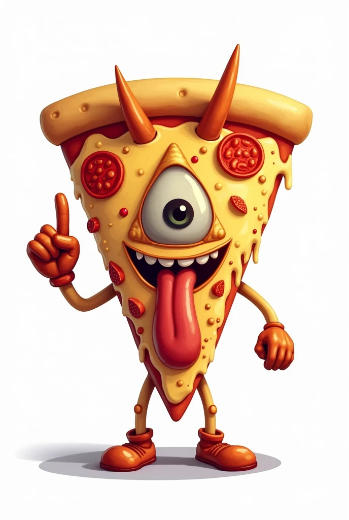 **Slice of CARTOON STYLE animated pizza with a very serene appearance, WITHOUT A MOUTH OR SMILE, just one eye in the center of a pyramid-shaped triangle with the main vertex pointing up, sticking out a long tongue in a rough rock or biker style, with melted cheese. The triangular slice resembles the Illuminati symbol, and in one hand, it is clearly making the "rock horns" or "maloik" gesture.** It looks like a cartoon with a pin-up style, with amazing 4k quality colors, a white background, and well-cast shadows where they need to be. Let it be a standing pepperoni pizza, with melted cheese.
