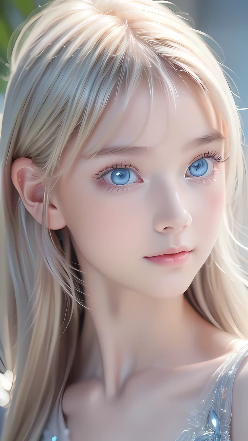 highest quality、8K Masterpiece、Ultra-high resolution、(Realistic:1.3)、RAW Photos、14 year old girl of Scandinavian descent with shiny blonde hair、Silvery blonde hair、Super long straight hair、Bangs between the eyes、bangs over eyes、片bangs over eyes、Bangs between the eyes、White and lustrous skin、1. Cyberpunk Super Beautiful Soldier、((Ultra-Realistic Details))、Portraiture、Global Illumination、Shadow Realm、Octane Rendering、8K、Super sharp、Metal、Cold colors、、Very intricate details、Realistic Light、CG Association Trends、Very beautiful, large light blue eyes、Very big eyes、Eyes shining towards the camera、Neon Details、Small Face Beauty、Round face、Cheek highlight
