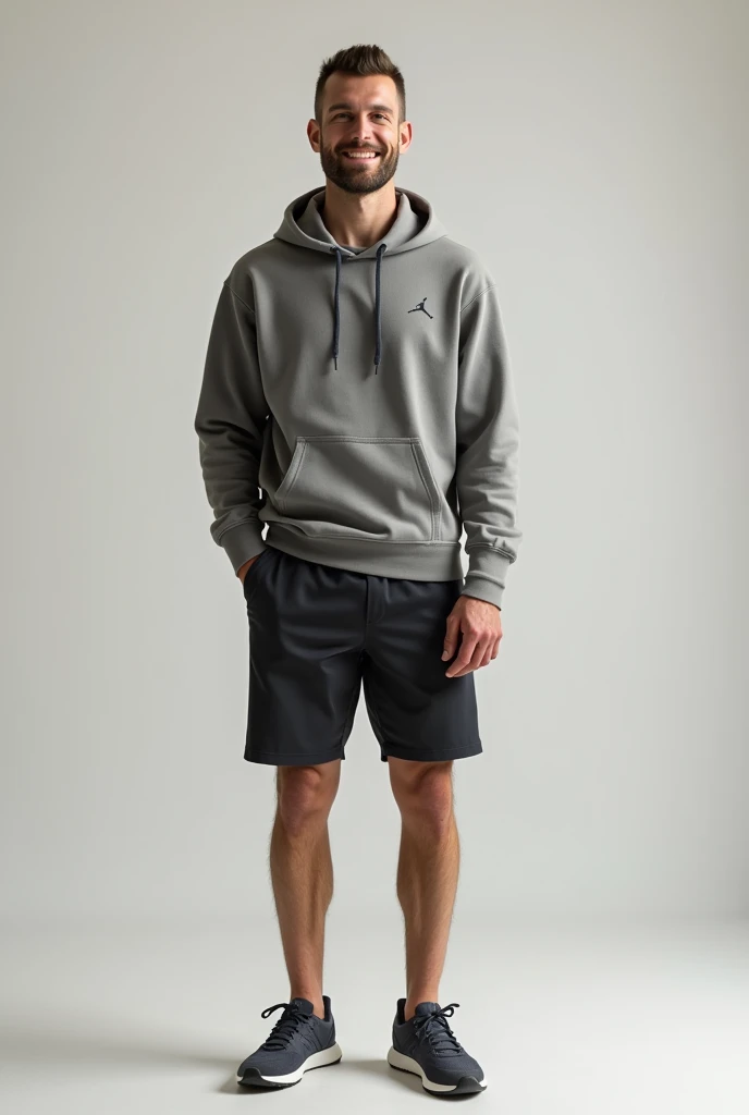 masterpiece,Tall, clean-shaven European male,muscular,Simple background, Looking at the audience, A faint smile, shorts, hoodie,sports shoes,Simple background, whole body, whole body照