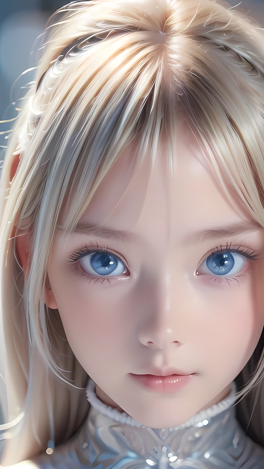 highest quality、8K Masterpiece、Ultra-high resolution、(Realistic:1.3)、RAW Photos、14 year old girl of Scandinavian descent with shiny blonde hair、Silvery blonde hair、Super long straight hair、Bangs between the eyes、bangs over eyes、片bangs over eyes、Bangs between the eyes、White and lustrous skin、1. Cyberpunk Super Beautiful Soldier、((Ultra-Realistic Details))、Portraiture、Global Illumination、Shadow Realm、Octane Rendering、8K、Super sharp、Metal、Cold colors、、Very intricate details、Realistic Light、CG Association Trends、Very beautiful, large light blue eyes、Very big eyes、Eyes shining towards the camera、Neon Details、Small Face Beauty、Round face、Cheek highlight