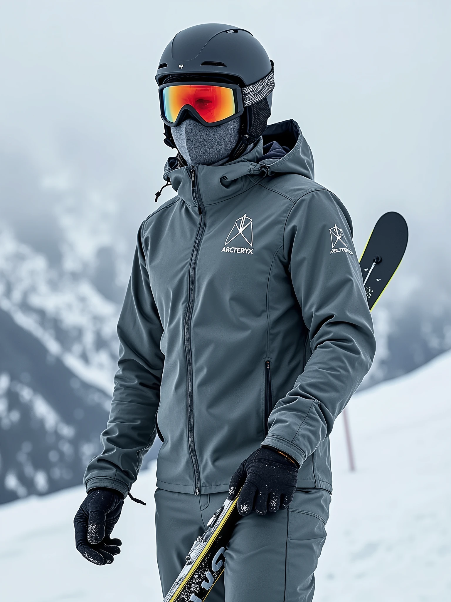 A skier with a helmet, a balaclava over his mouth and his goggles with a arc'teryx aerodynamic grey suit, holding his skis in his right hand