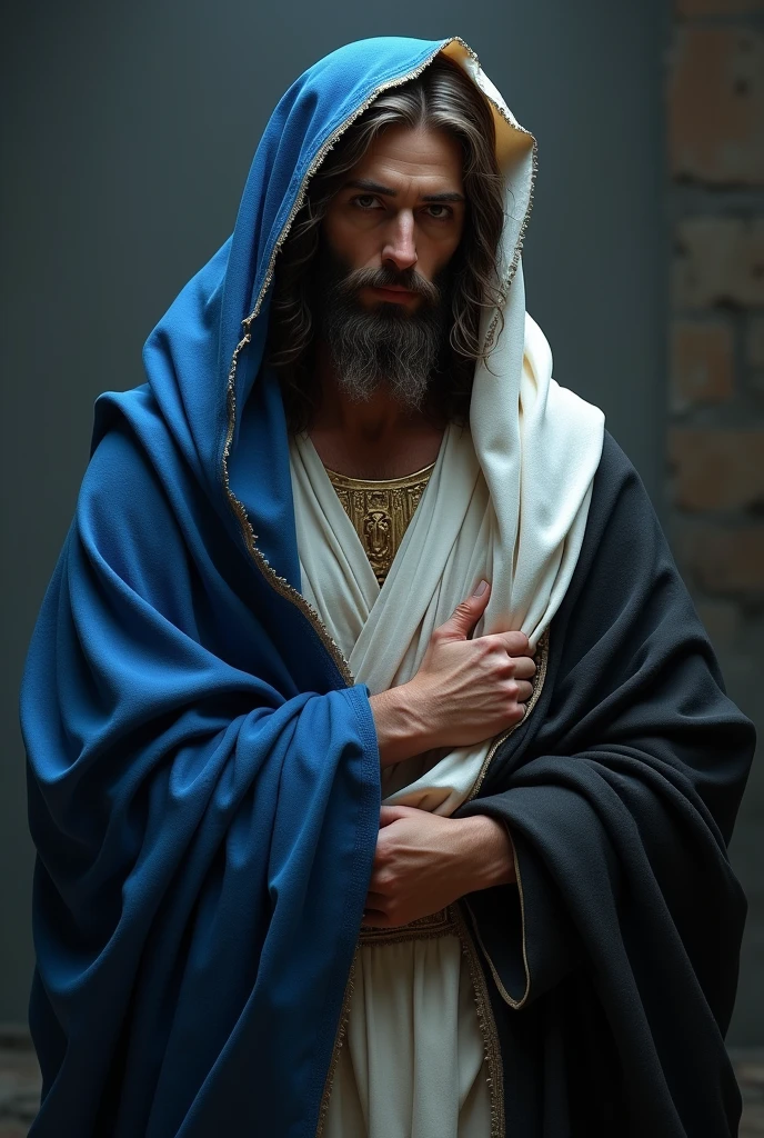 Jesus wrapped in the tricolor flag in blue, white and black