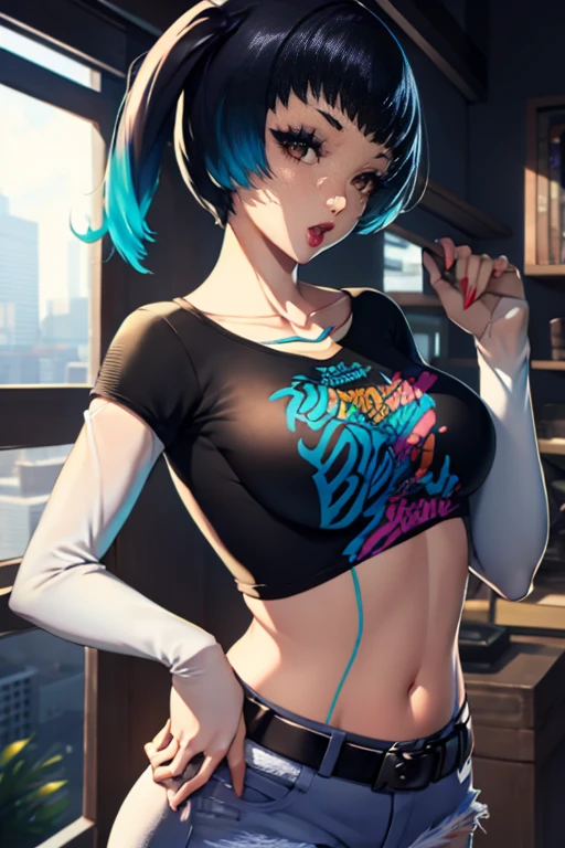 sena, glossy lips , 1girl, solo, black t-shirt, white shirt, blue jeans, belt, lipstick, large breasts, layered sleeves,