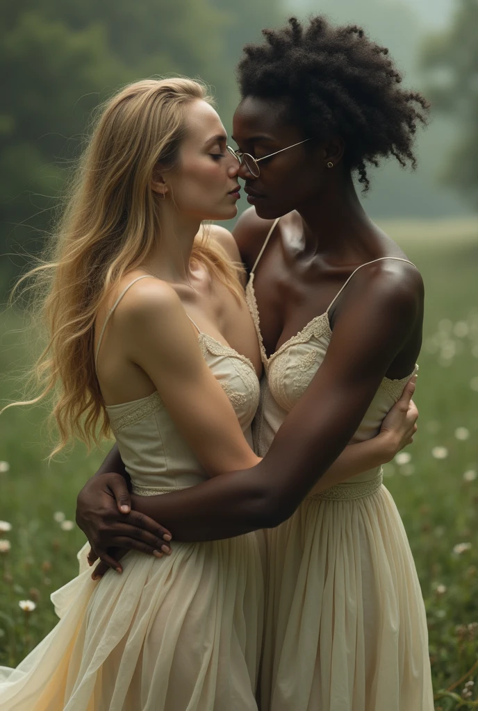 Create an image of an adult woman with white skin, blondie hair, who's naked, being carried in the arms of a dark-skinned teenager, slim, short in height and wearing glasses and a long dress