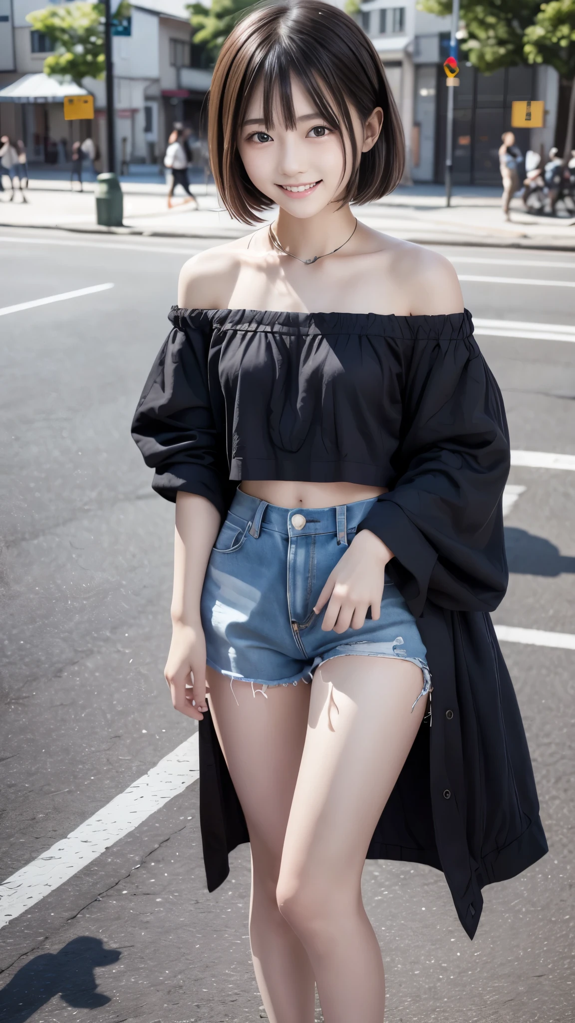 realism、realism、High quality photos、Cute Japanese girl、((Extremely detailed))、(Very detailed)、Highly detailed CG Unity 8K wallpapers、Highest quality、The pieces fly、Off the shoulder、Crop top、Short Shortcut Bob Hairstyle、In the middle of a chaotic scramble intersection、There are a lot of people passing by、Laughing happily