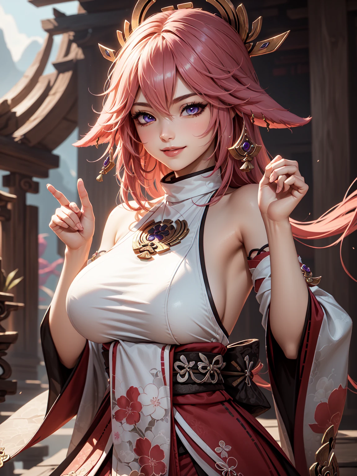 grasping and squeezing breasts,((masterpiece)),(bestquality),((ultra-detailed)), (beautiful detailed face), depth of field,detailed,((beautiful detailed eyes)), (fantasy art:1.5), ((yaemikodef)), cowboy shot, (armpits pose:1.2), body goals, perfect body, official art, gigantic breast, cute, smile,