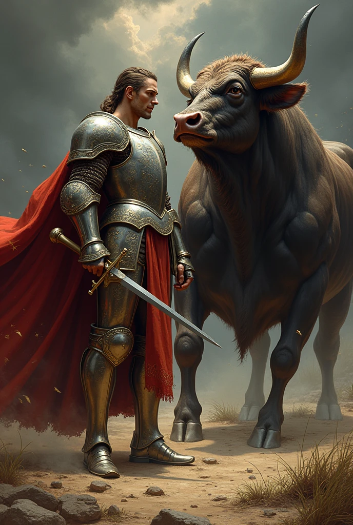 create an image of Saint George, a strong man with his armor facing a very fierce bull