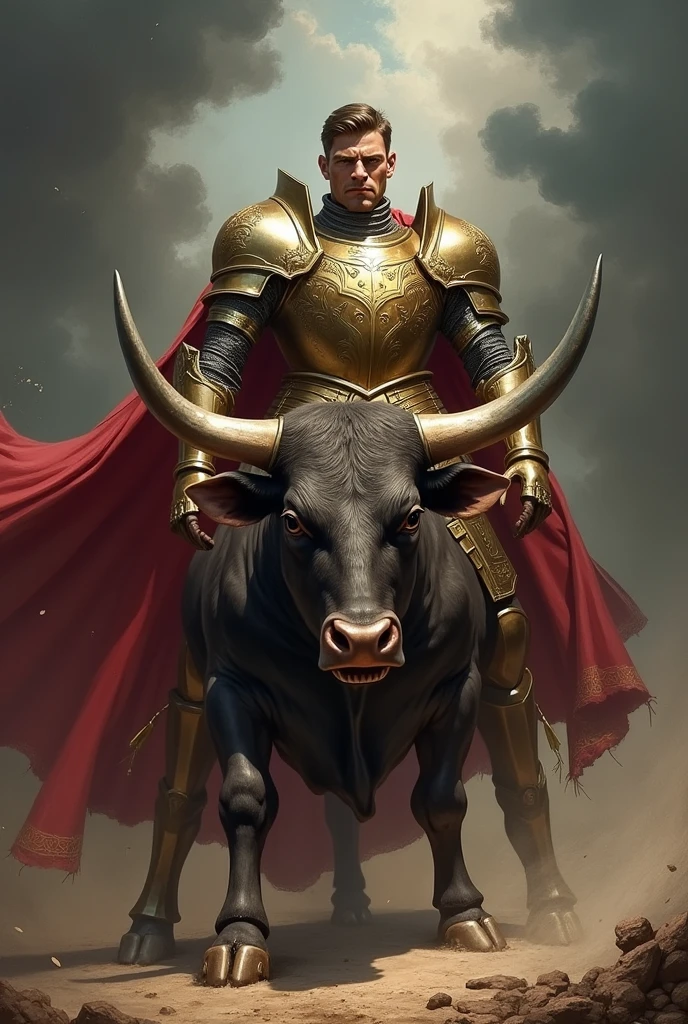 create an image of Saint George, a strong man with his armor facing a very fierce bull
