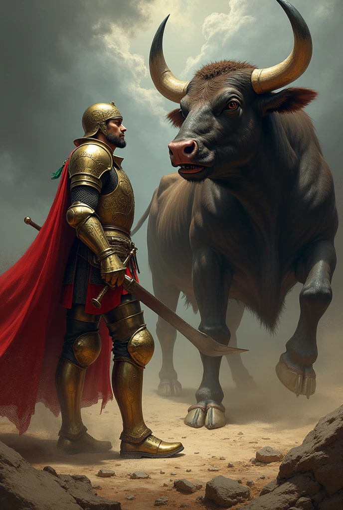 create an image of Saint George, a strong man with his armor facing a very fierce bull