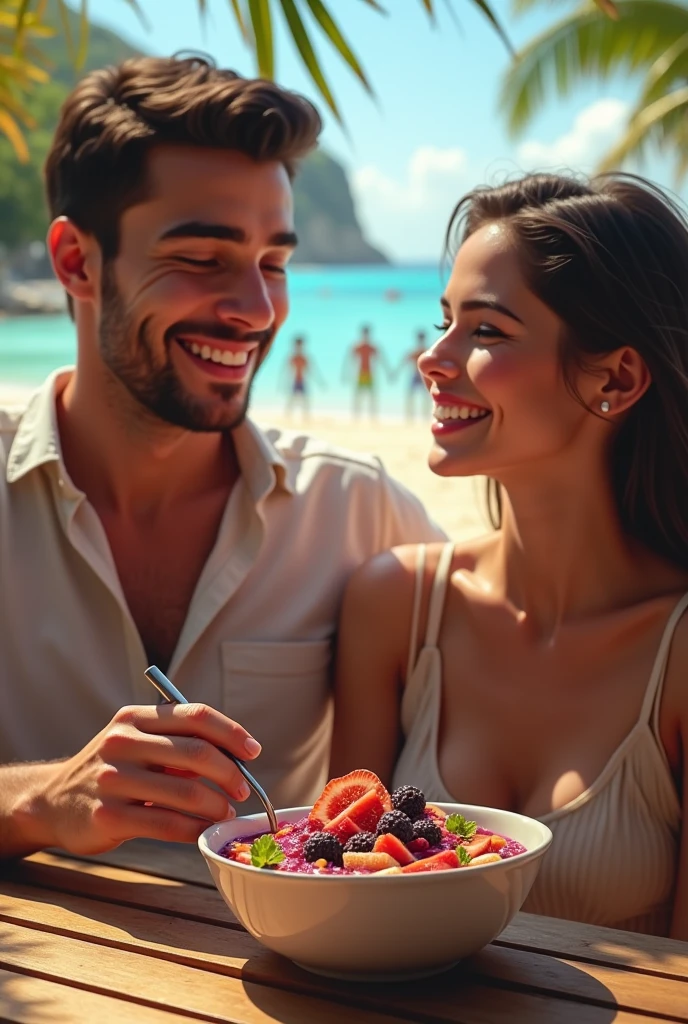 Realistic Man and Girlfriend 25-35 years old, in Maceió Brazil eating acai in a bowl , ultra HD, high qualiy, best qualityer, high resolution, 8k, 16K
