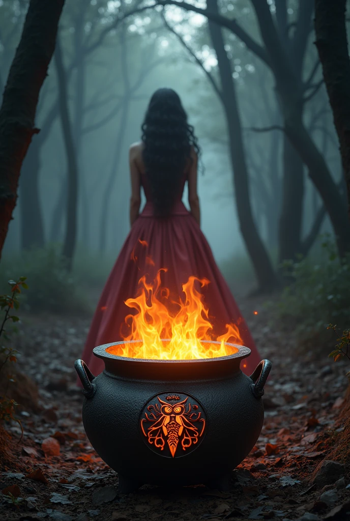 iron cauldron with an owl and a pentagram in relief, catching fire in the middle of the dense forest and the silhouette of a woman with a long skirt in the style of a queen, corset and long curly hair in the background