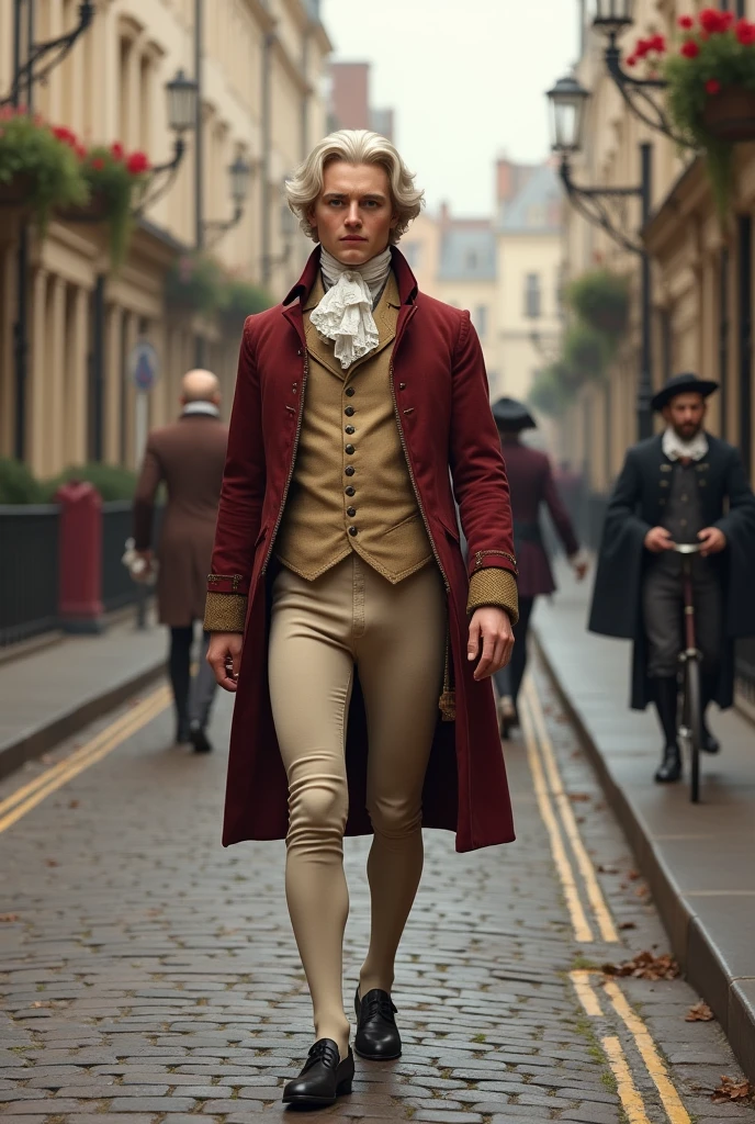 19 or 20 year old man walking in 18th century clothing